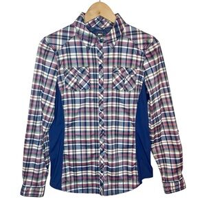REI Performance Snap Button Roll Tab Top Shirt Size Large Blue Red Plaid